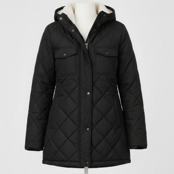 Sebby Jackets & Blazers - Sherpa Lined Black Quilted Puffer Zip Up Parka Hooded Jacket Large